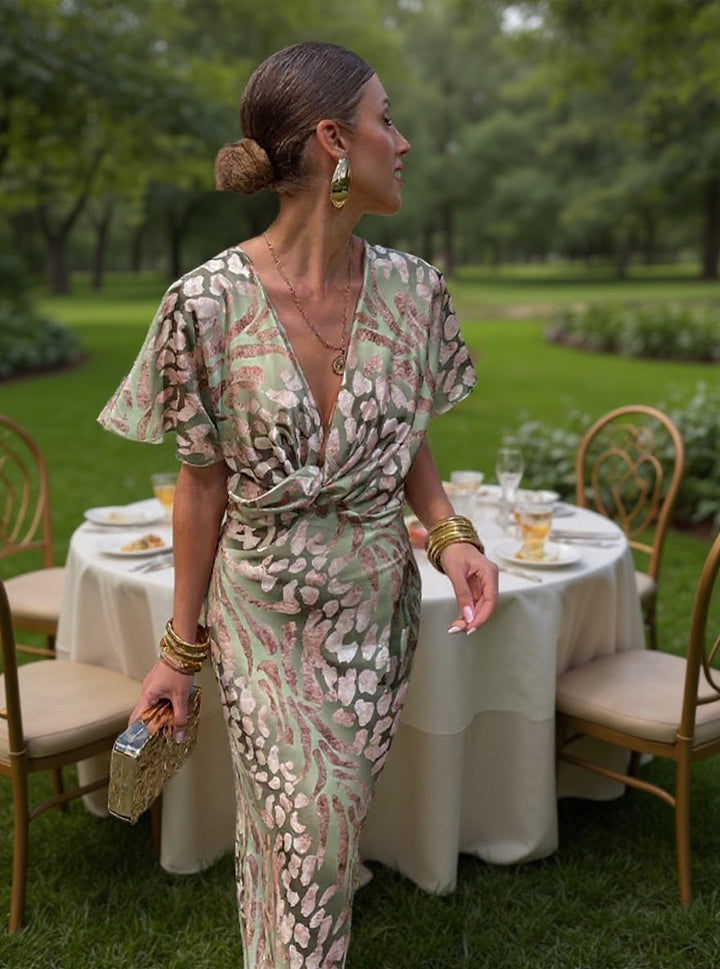 Chic women's twist front V-neck maxi dress, elegant short sleeve design, ideal for formal parties & summer evenings.