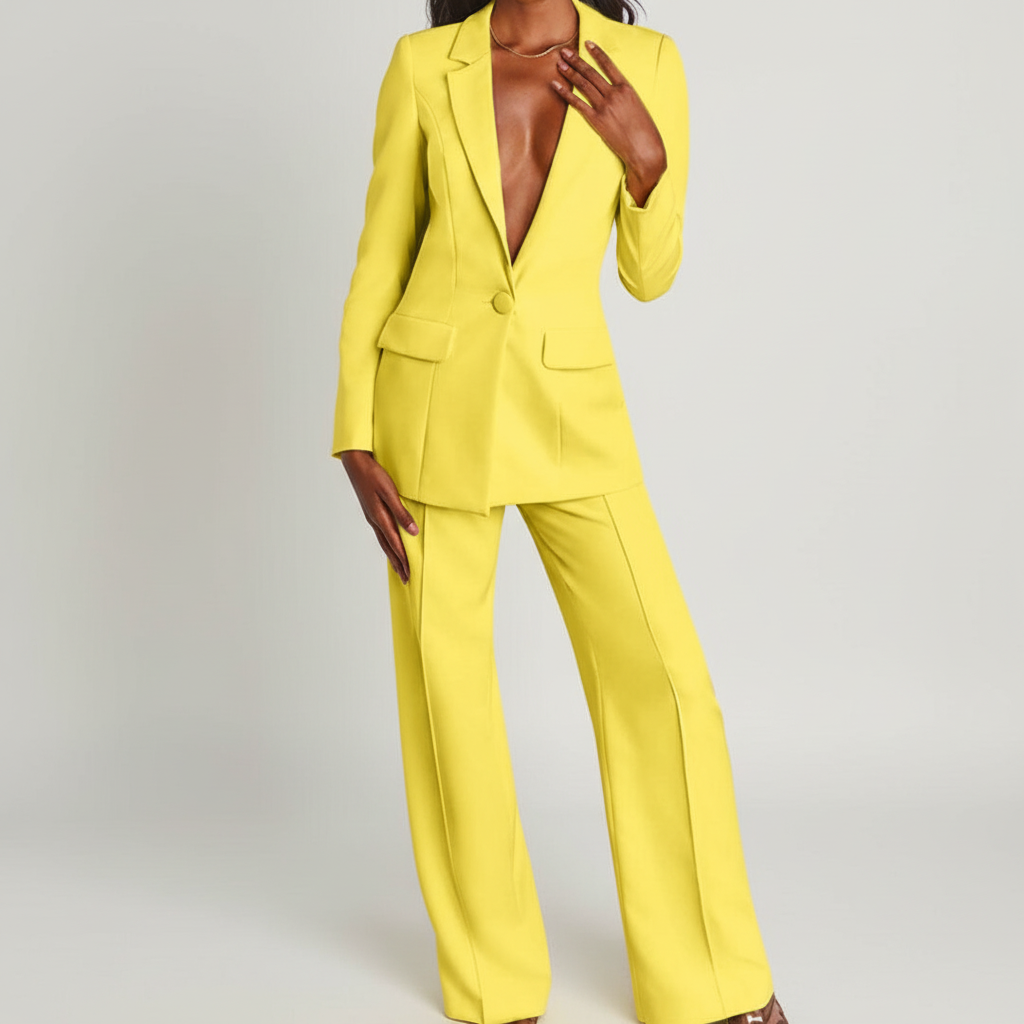 Stylish women's matching blazer and trousers set in a solid color, ideal for business attire