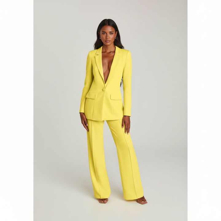 Formal women's two-piece suit with a classic blazer and straight-leg trousers, office fashion