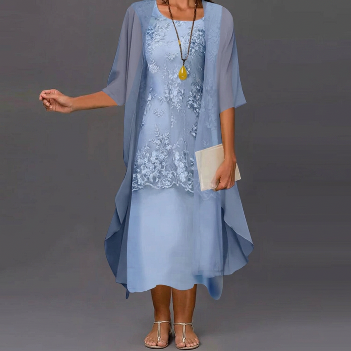 Sophisticated women's long two-piece yellow chiffon dress, ideal for formal special occasions and evening events.
