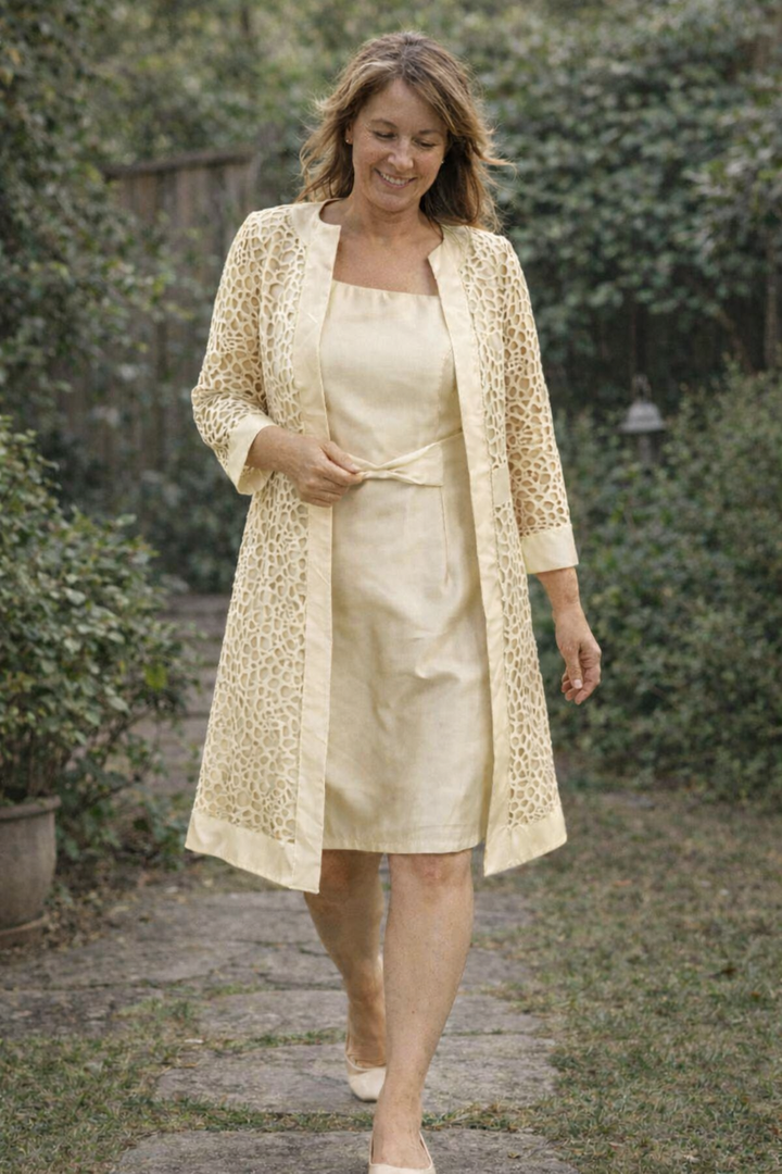 Formal women's elegant dress and jacket ensemble, a stylish two-piece outfit for evening wear & events.