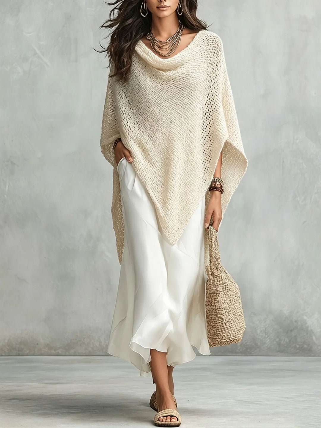 Women's two-piece elegant maxi dress set with a relaxed fit poncho, ideal for casual or chic wear.