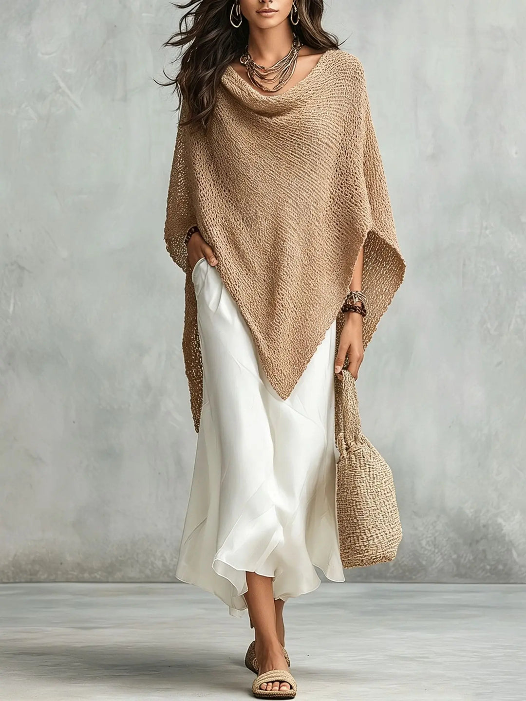 Stylish women's two-piece set: a flowing batwing poncho and comfortable sleeveless maxi dress.