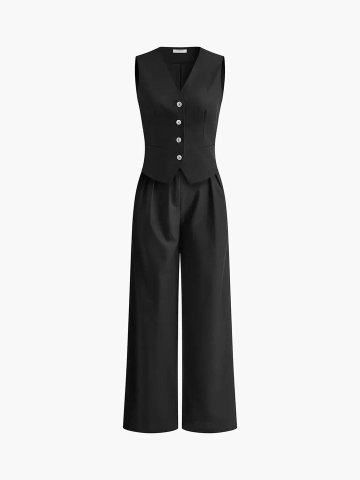 Coordinated women's two-piece set: elegant waistcoat & flowy wide-leg pants for a stylish, versatile outfit.