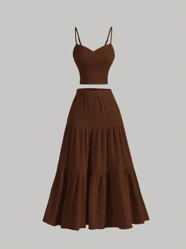 Fashionable women's two-piece midi skirt set, an elegant and comfortable summer outfit.