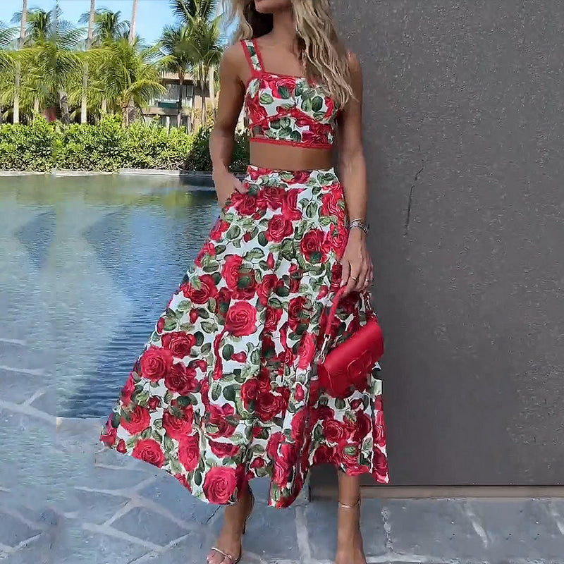 Fashionable women's two-piece Solenne skirt and crop top set, perfect for a stylish summer casual wear.