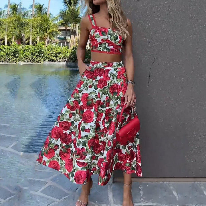 Fashionable women's two-piece Solenne skirt and crop top set, perfect for a stylish summer casual wear.