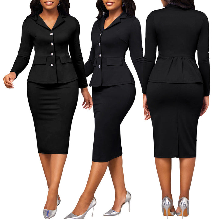 Professional women's chic two-piece suit. Versatile long-sleeve elegant outfit for business & events.