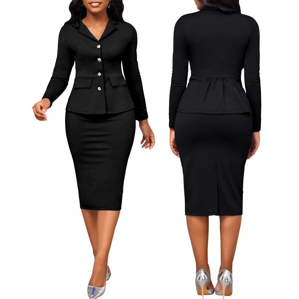 Woman models a stylish two-piece suit, ready for an important office meeting or a formal event.