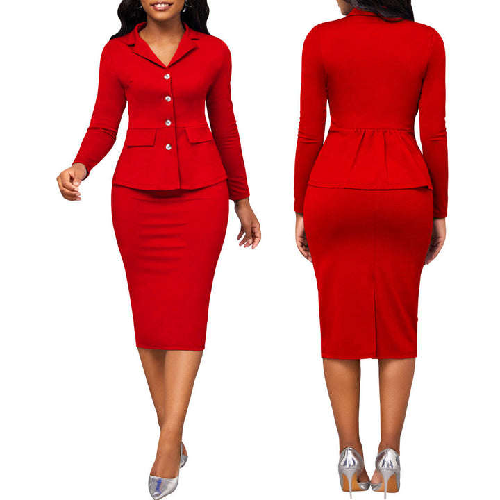 Classic long-sleeve women's suit jacket & matching trousers. Elegant two-piece set for professional women.