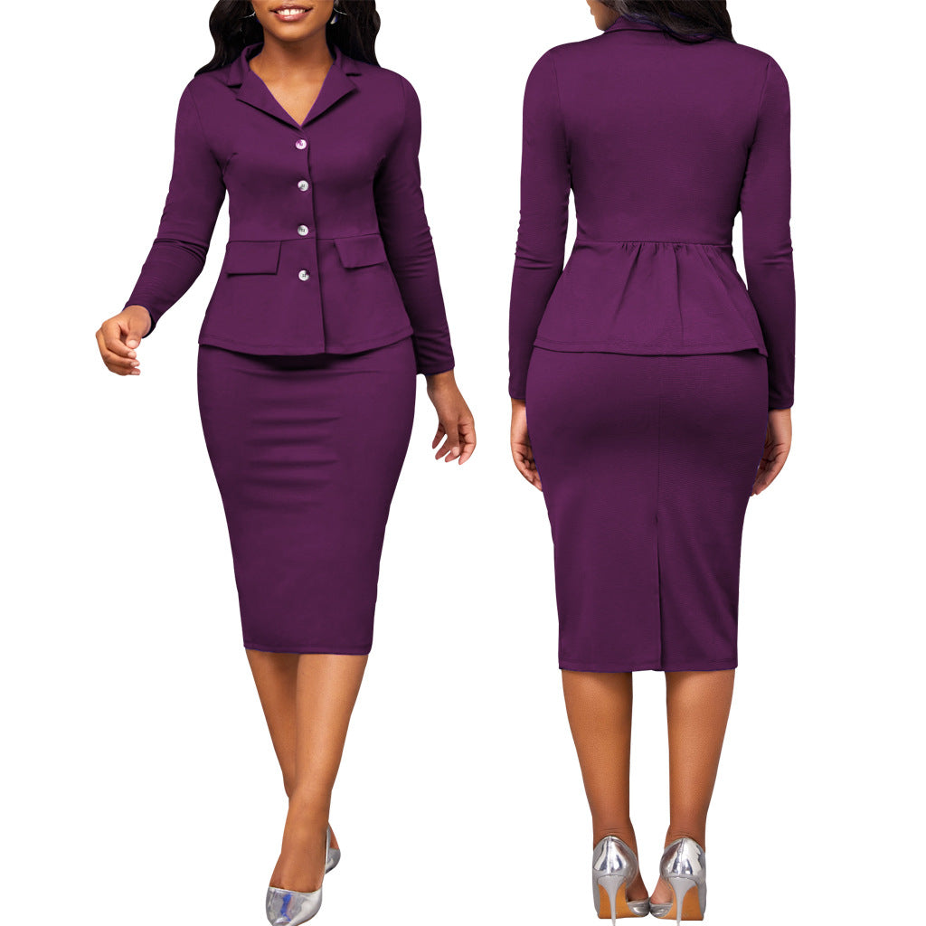 Chic women's two-piece suit. Elegant long-sleeve office wear & event-ready professional ensemble.
