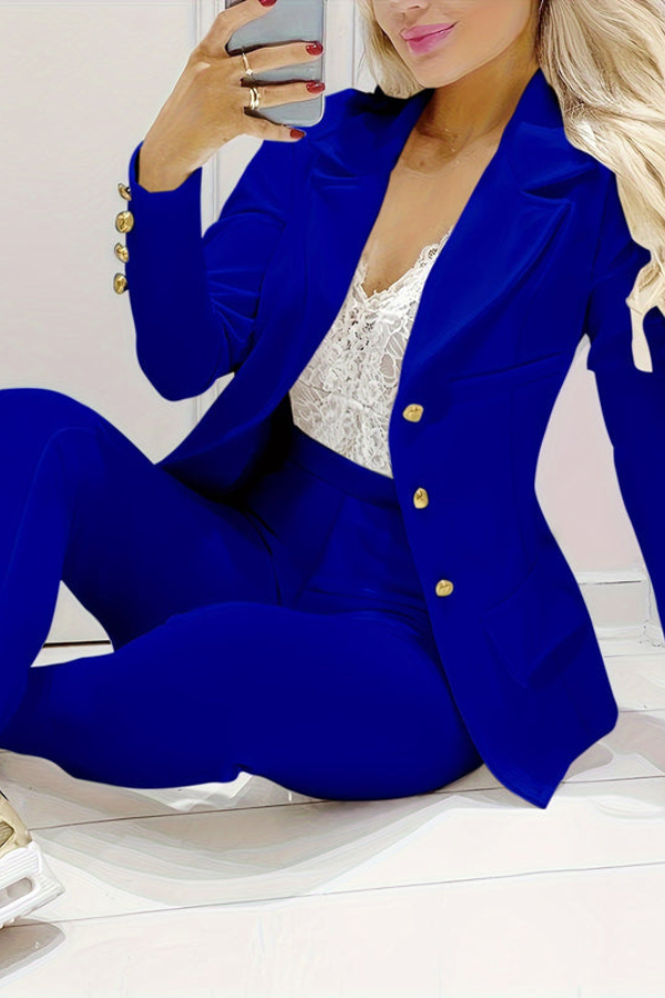 Sophisticated women's blazer and pant set, ideal for formal events and office fashion.
