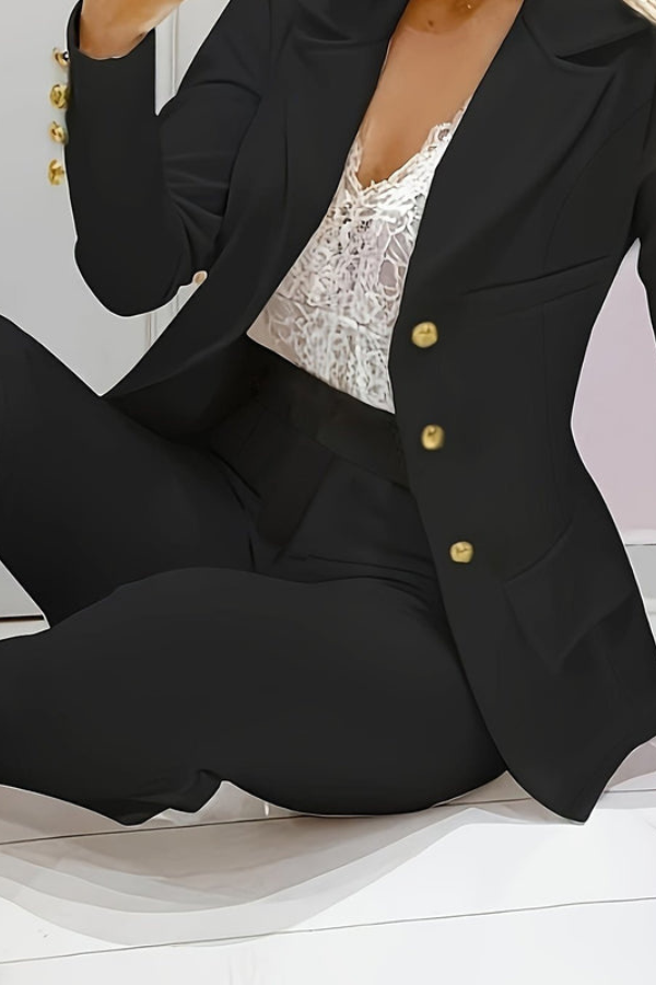 Elegant business casual women's suit set with a stylish blazer and comfortable dress pants.