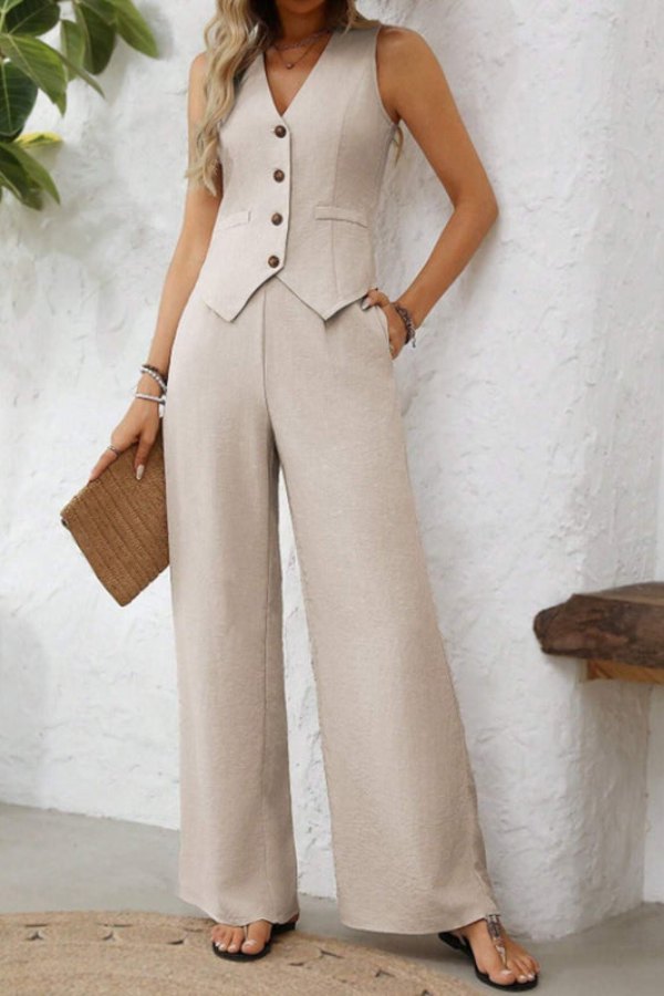 Comfortable wide-leg trouser set with a stylish vest. Versatile women's two-piece for elegant and casual wear.