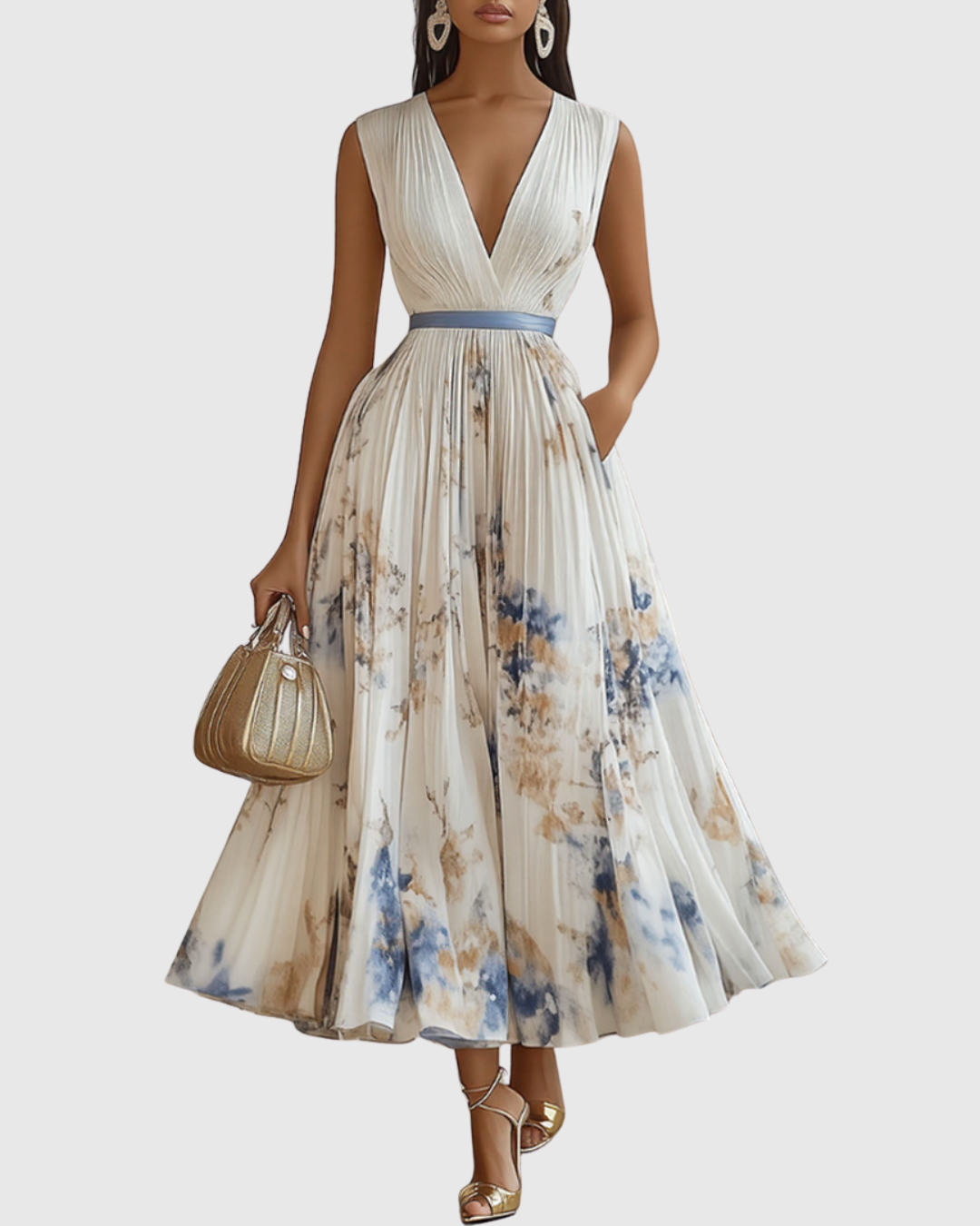 Elegant women's V-neck A-line midi dress, perfect for formal occasions & parties.