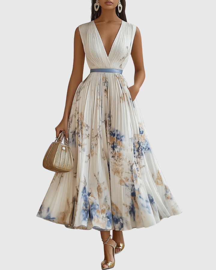 Elegant women's V-neck A-line midi dress, perfect for formal occasions & parties.