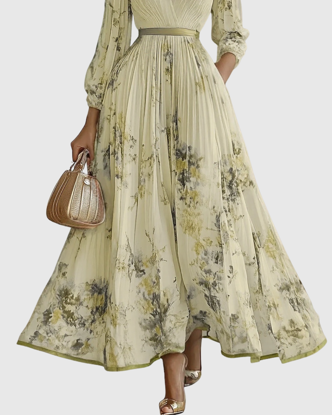 Model wearing a fashionable V-neck A-line midi dress, styled for a formal event.