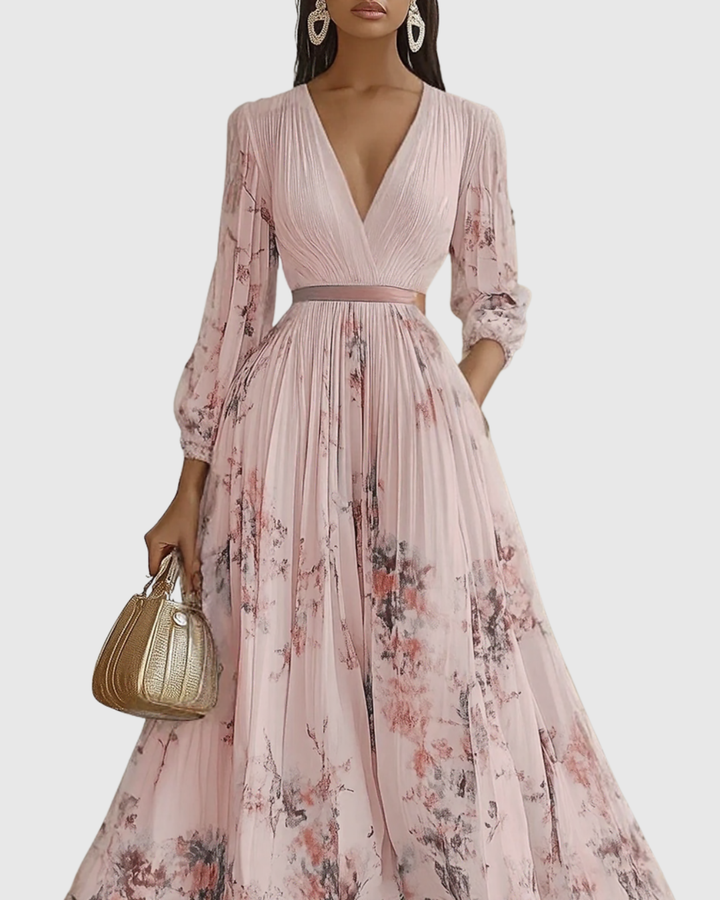 Close-up of the elegant V-neck detail on a women's A-line midi dress, perfect for parties.