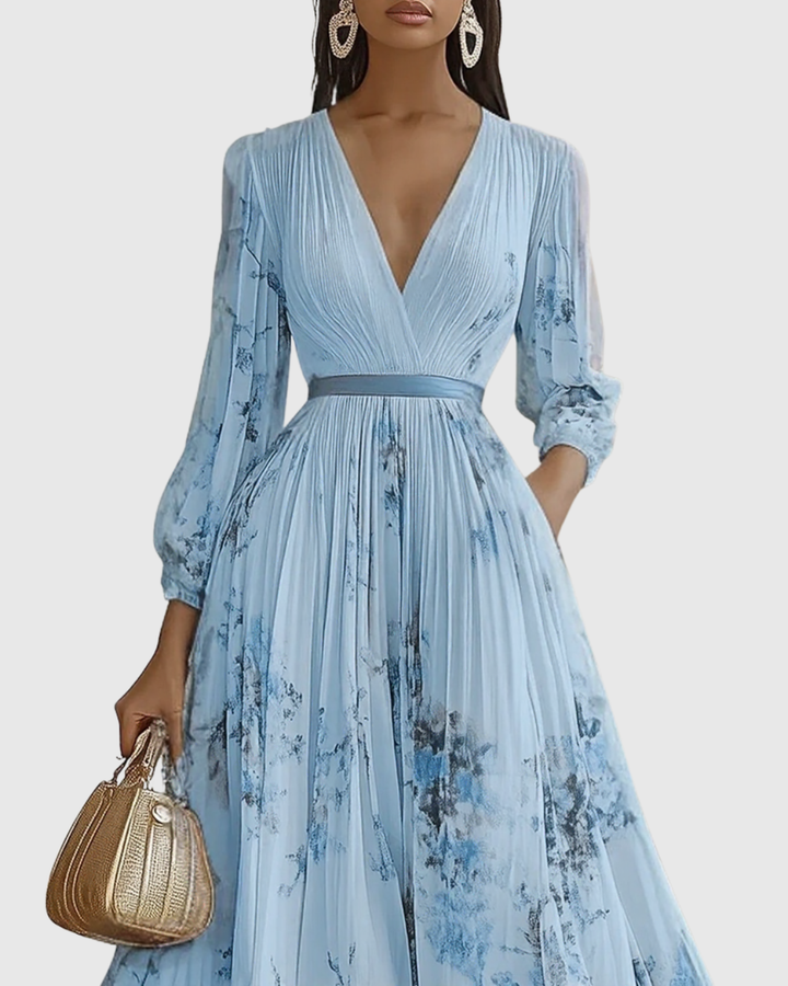 Sophisticated women's midi dress featuring a flattering V-neck and elegant A-line cut.
