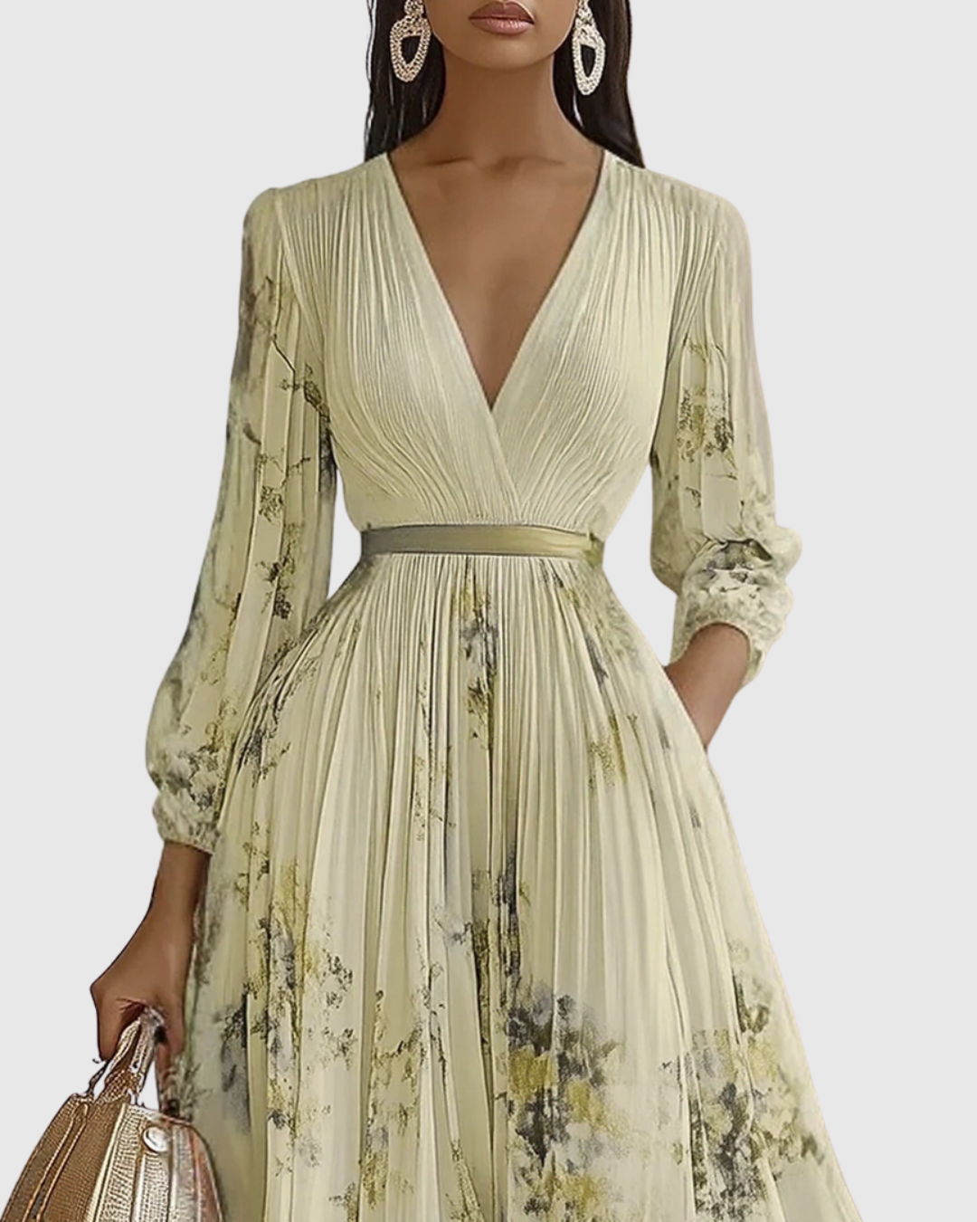 Women's elegant V-neck midi dress, showcasing its A-line silhouette and premium fabric.