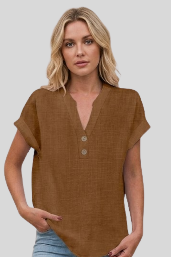 Elegant women's V-neck button blouse, perfect for versatile workwear & casual everyday style.