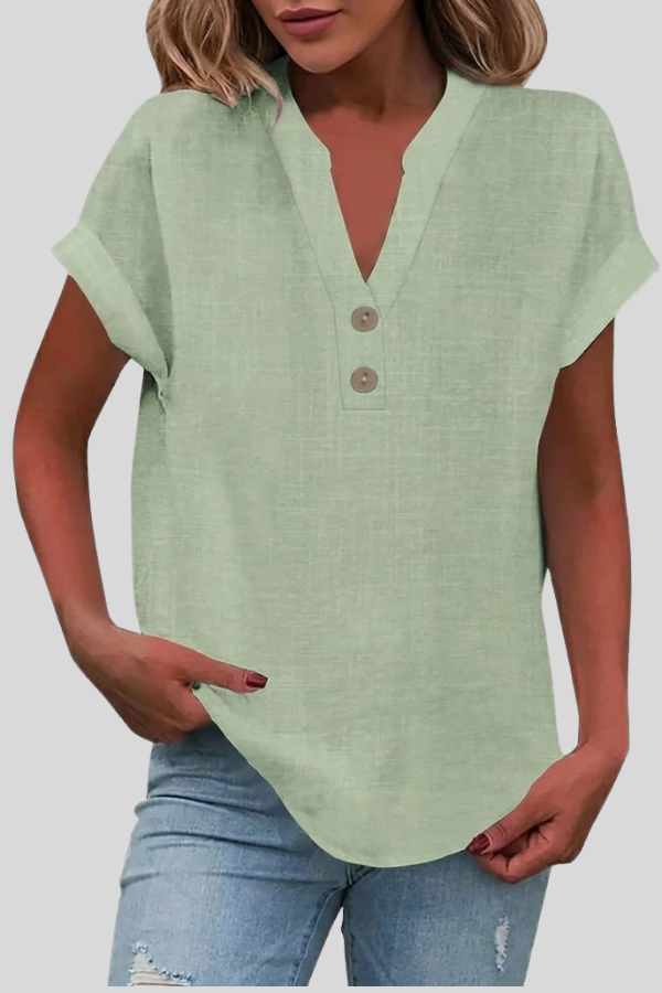 Casual chic V-neck button blouse for women, short sleeve. Perfect versatile top for summer & everyday style.