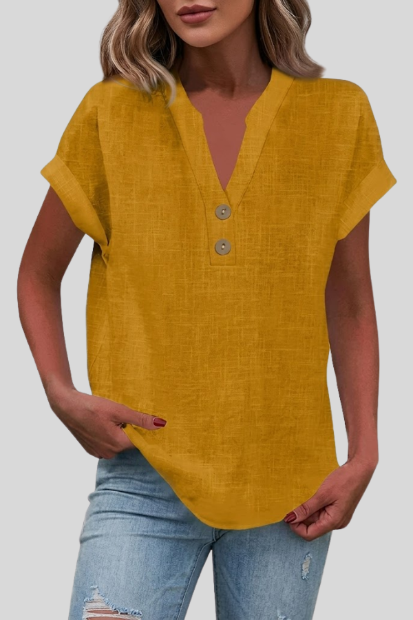 Workwear friendly women's V-neck button-down blouse. Short sleeve elegant top for comfortable office style.