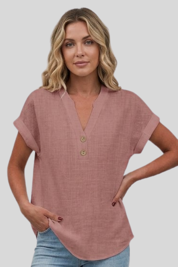 Plus size V-neck button blouse for women. Elegant short sleeve top, versatile for office wear & casual summer.