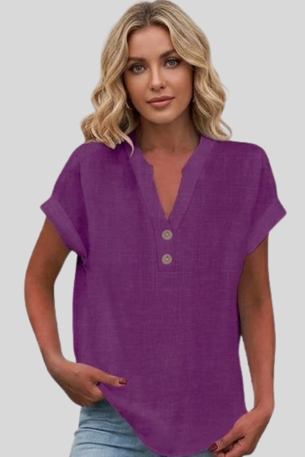 Summer casual V-neck short sleeve blouse for women. Button-down elegant top, perfect for office or everyday style.