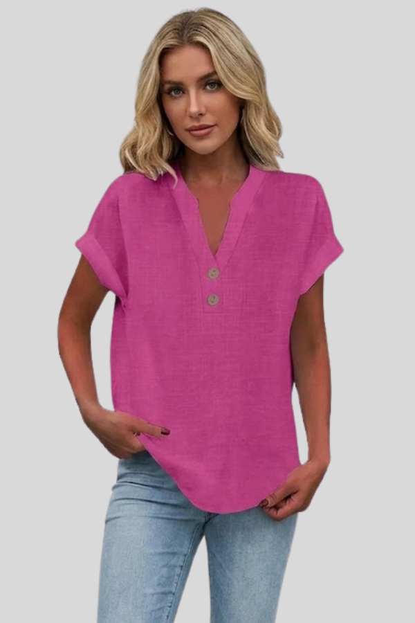 Chic women's V-neck blouse with buttons, short sleeves. Ideal for elegant workwear or casual summer.