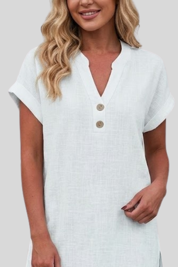 Versatile women's short sleeve V-neck blouse. Button-down design for casual or office elegance.