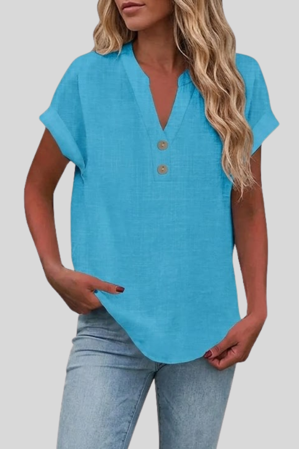 Women's elegant V-neck button-down top, short sleeve. Great for everyday style, office, or summer casual.