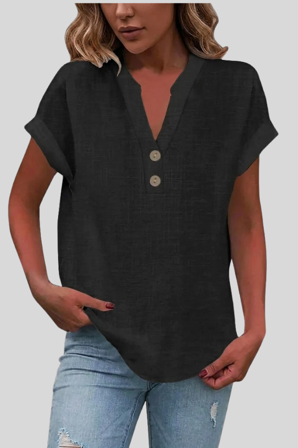 Summer-ready women's V-neck button blouse, short sleeve. Casual yet elegant for everyday & office.