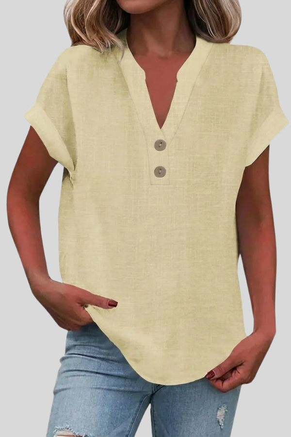 Classic women's V-neck button-down blouse, short sleeve. A versatile top for professional or casual looks.