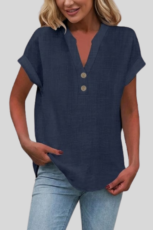 Elegant short sleeve V-neck top for women. Buttoned front makes it perfect for office or casual wear.