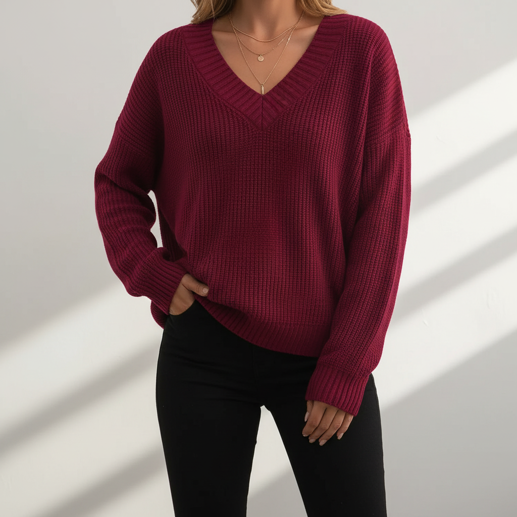 White women's V-neck cashmere blend sweater, classic and comfortable knitwear for any season