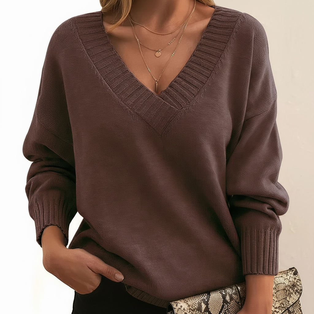 Elegant women's V-neck cashmere blend sweater in blue, perfect for stylish winter wear