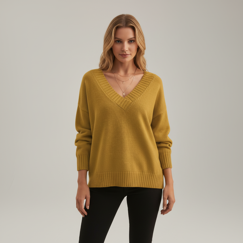 Autumn fashion-forward women's V-neck pullover, cashmere blend in a warm brown color