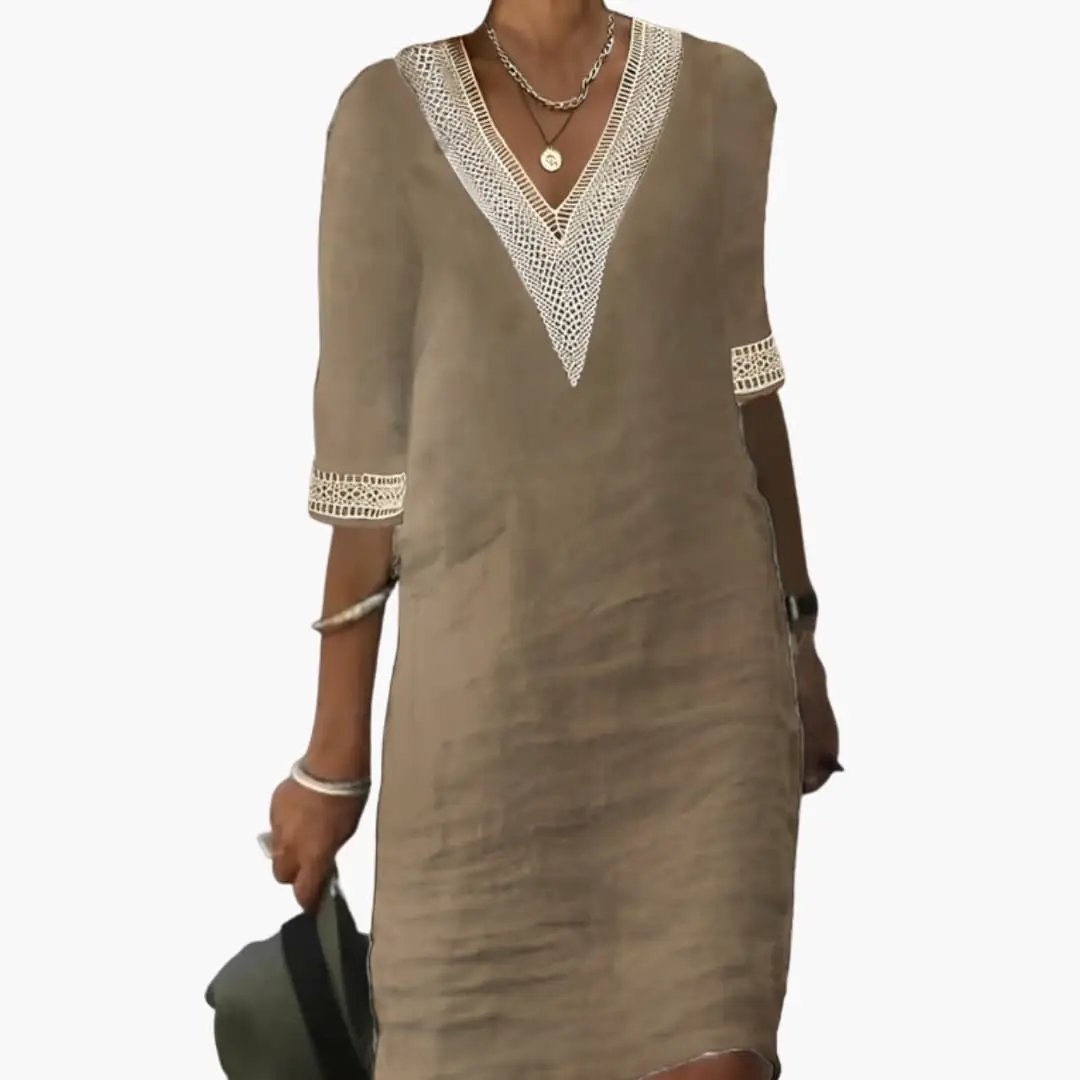 Stylish women's V neck shift midi dress. Elegant yet casual, perfect relaxed fit for any day, summer or vacation.