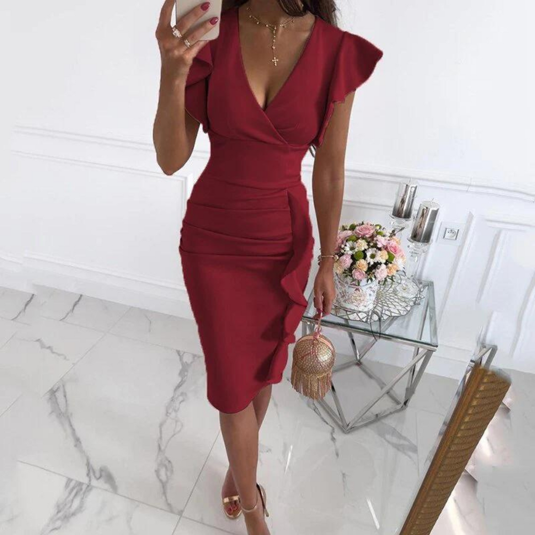 Classic women's V-neck dress with a contemporary twist of flared sleeves, versatile for day or night.