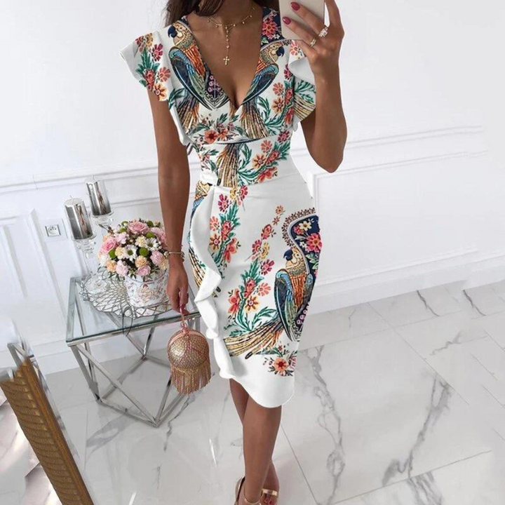 Beautiful women's elegant V-neck dress, perfect for evenings out, featuring graceful flared sleeves.