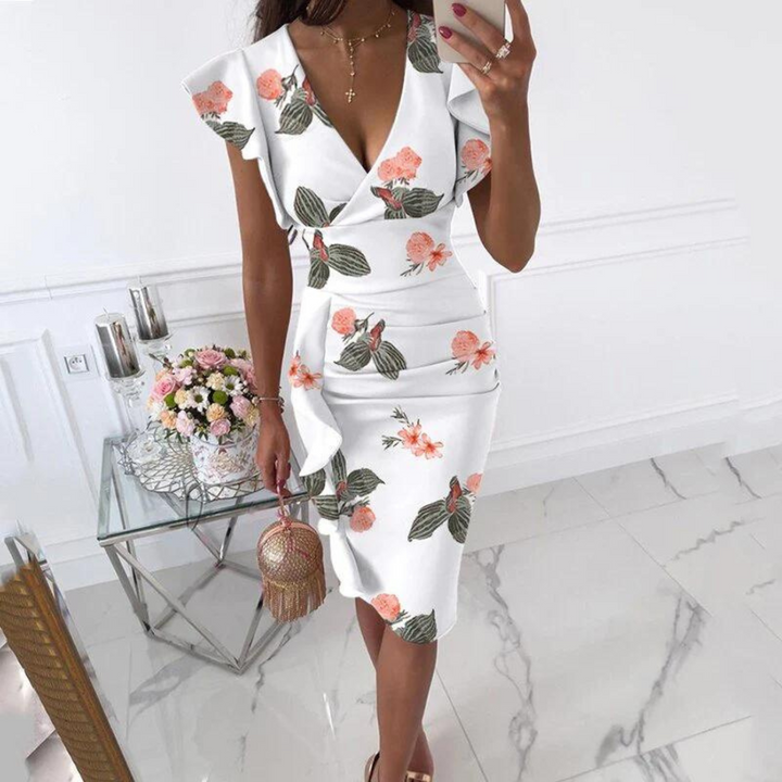 Sophisticated women's V-neck party dress with trendy flared sleeves, suitable for various celebrations.