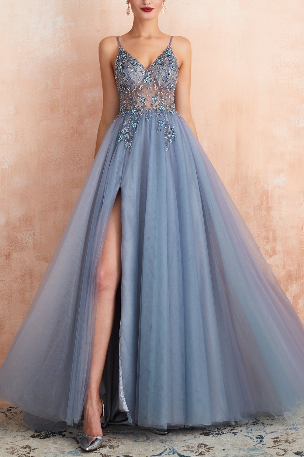 Elegant women's V-neck evening dress with a high slit, perfect for formal occasions and parties.
