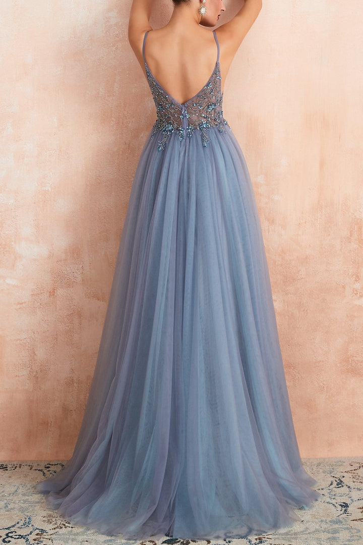 Stylish long tulle formal gown with V-neck and daring split for women's special occasions.