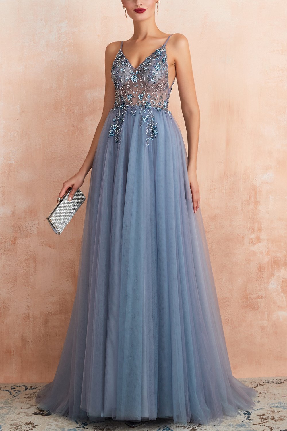 Beautiful women's party dress, a V-neck long gown with a split, designed for elegance.