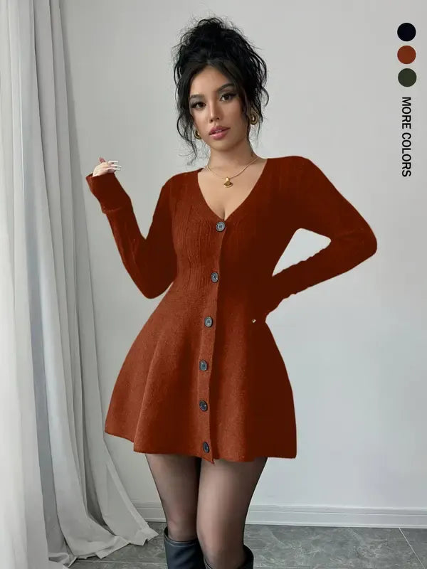 Elegant women's V-neck flared mini dress with long sleeves, perfect for sophisticated style or a party.