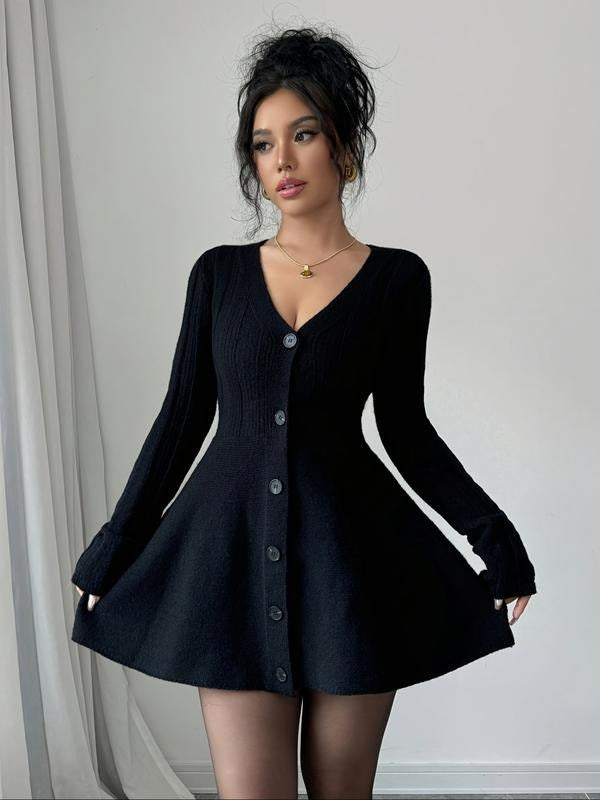 Versatile women's V-neck flared mini dress with button front, ideal for everyday wear or elegant occasions.