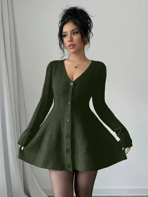 Sophisticated women's long sleeve V-neck flared dress, a stylish mini dress for effortless elegance.