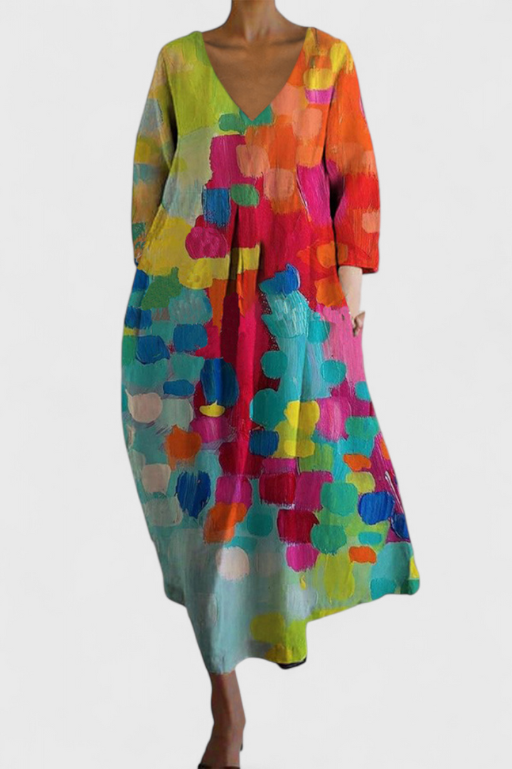 Elegant women's V-neck flowy summer midi dress, perfect for casual daytime wear.