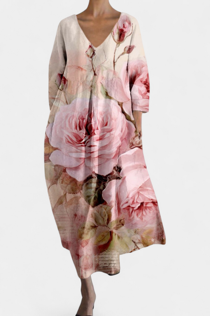 Elegant women's V-neck flowy dress, a versatile summer midi perfect for any casual occasion.